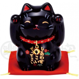 Maneki Neko 招き猫 BONhEUR noir en porcelaine japonaise (h6cm)