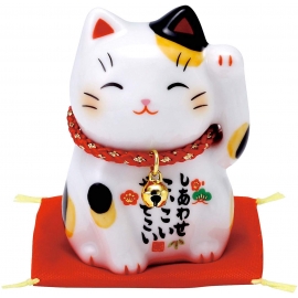 Maneki Neko BONhEUR miké (tacheté) en porcelaine japonaise (h6cm)