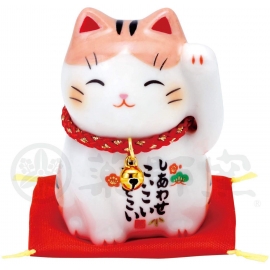 Maneki Neko 招き猫 BONhEUR tigré brun en porcelaine japonaise (h6cm)