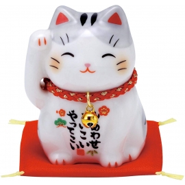 Maneki Neko BONhEUR tigré gris en porcelaine japonaise (h6cm)