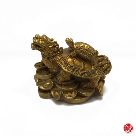 Dragon-tortue (Bìxì 赑屃) sur lingots & pièces en cuivre doré (h5.5cm)