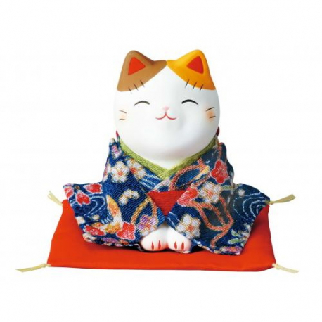 Maneki Neko 招き猫 assis KiMONO bleu SALUTATiON en argile blanche (h7cm)
