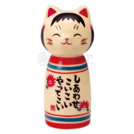 KokeshinManeki Neko 招き猫 ShiRAWASE en porcelaine (h9cm)