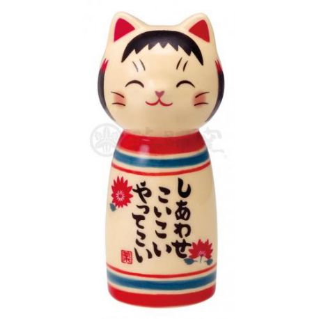 KokeshinManeki Neko 招き猫 ShiRAWASE en porcelaine (h9cm)