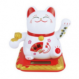 Maneki neko 招き猫 animé 100% solaire 2 PATTES avec Ruyi (Bonheur et Réussite) 10cm blanc éventail