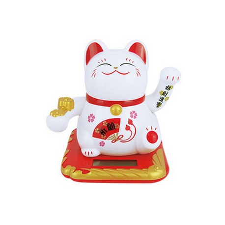 Maneki neko 招き猫 animé 100% solaire 2 PATTES avec Ruyi (Bonheur et Réussite) 10cm blanc éventail