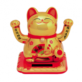 Maneki neko 招き猫 animé 100% solaire 2 PATTES avec Ruyi (Bonheur et Réussite) 10cm blanc éventail