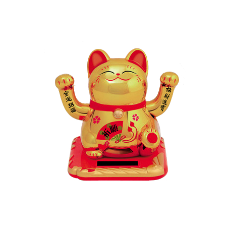 Maneki neko 招き猫 animé 100% solaire 2 PATTES avec Ruyi (Bonheur et Réussite) 10cm blanc éventail