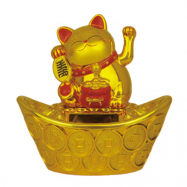 Maneki neko 招き猫 animé 100% solaire sur un gros lingot et pièces d'or (Bonheur et Richesse) doré h11cm