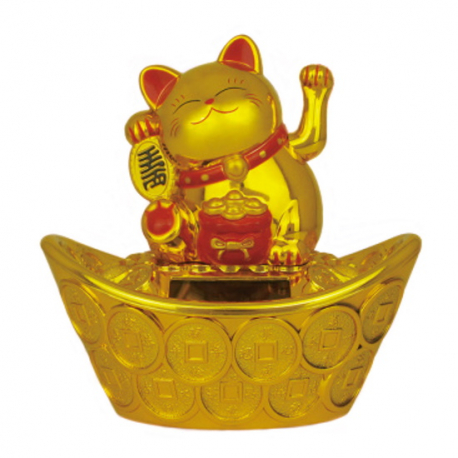 Maneki neko 招き猫 animé 100% solaire 2 PATTES (Bonheur et Richesse) 10cm blanc éventail
