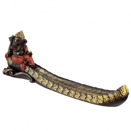 Porte-encens Ganesh assis sur un paon en résine rouge, noir et or L27cm