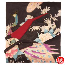 Kimono OBi long satiné imprimé FLEURS & PAON noir (120cm)