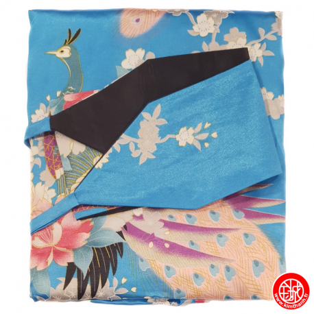 Kimono OBi long satiné imprimé FLEURS & PAON bleu turquoise (120cm)