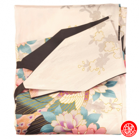 Kimono OBi court satiné imprimé FLEURS & PAON blanc (90cm)
