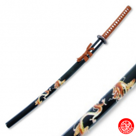 Sabres japonais de décoration NOiR iMPRiMé DRAGON manche marrron 竜