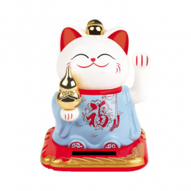 Maneki neko 招き猫 animé 100% solaire bleu avec WULU (Bonheur et Santé) 10cm