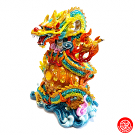 Dragon avec perle de feu en résine peint à la main 火龙吐珠 (来绘) h18.5cm