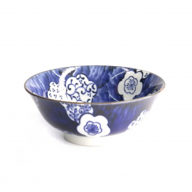 Bol à soupe ramen en porcelaine japonaise FLEURS de PRUNiER blanc bleu (d19cm)