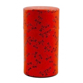 Boîte à thé japonaise (茶筒 chazutsu) papier washi iNDEN rouge libellules (200g)