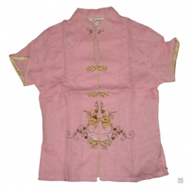 Chemisier brodé FLEURS rose manches courtes en lin