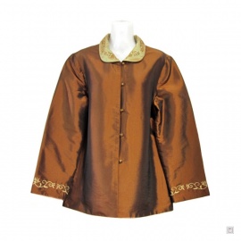 Veste COL & MANCHES brodés fleurs marron en soie