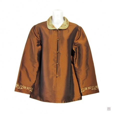 Veste COL & MANCHES brodés fleurs marron en soie