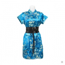 Robe chinoise (qipao 旗袍) courte manches courtes BLEU TURQUOiSE motif 3 AMiS OR (50% soie & 50% polyester)