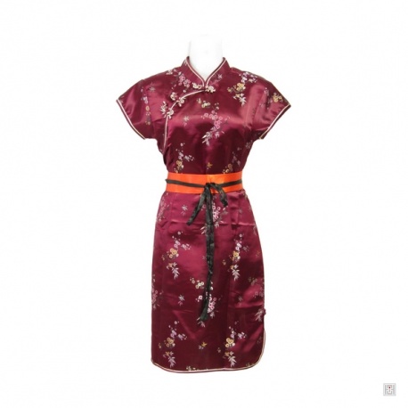 Robe chinoise (qipao 旗袍) courte manches courtes BORdEAUX motif 3 AMiS (50% soie & 50% polyester)