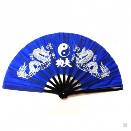 Eventail de kung-fu & tai-chi bois DOUBLE DRAGONS bleu [#IDGFA2]