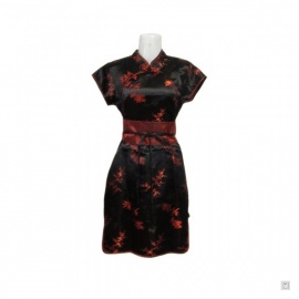 Robe chinoise (qipao 旗袍) courte manches courtes NOiRE motif 3 AMiS ROUGE (50% soie & 50% polyester)