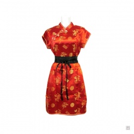 Robe chinoise (qipao 旗袍) courte manches courtes ROUGE motif DORé (50% soie & 50% polyester) 