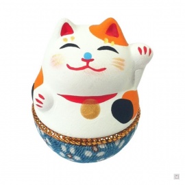 Culbuto Yurayura céramique et tissus japonais chirimen bleu Chat MANEKi NEKO calico (h3.5cm)