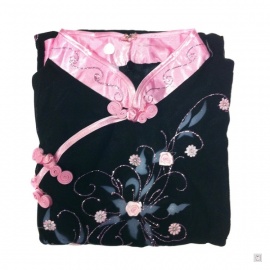 Ao-dai croisé enfant noir manches longues BRODé FLEURS rose