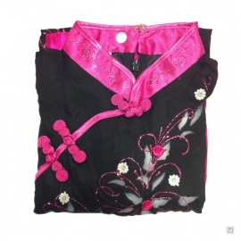 Ao-dai croisé enfant noir manches longues BRODé FLEURS fushia