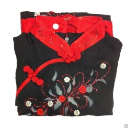 Ao-dai croisé enfant noir manches longues BRODé FLEURS rouge
