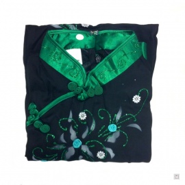 Ao-dai croisé enfant noir manches longues BRODé FLEURS vert foncé