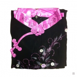 Ao-dai croisé enfant noir manches longues BRODé FLEURS violet foncé