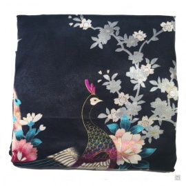 Kimono OBi court satiné imprimé FLEURS & PAON noir (90cm)