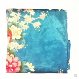 Kimono cache-coeur satiné imprimé FLEURS & PAON bleu turquoise (72cm)
