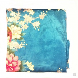Kimono cache-coeur satiné imprimé FLEURS & PAON bleu turquoise (72cm)