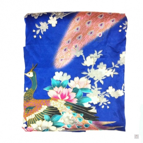 Kimono court satiné imprimé FLEURS & PAON bleu roi (90cm)
