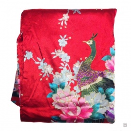 Kimono court satiné imprimé FLEURS & PAON rouge (90cm)