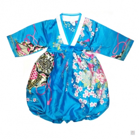 Robe coréenne enfant imprimé FLEURS bleu turquoise