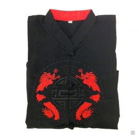 Ensemble chinois Kung-fu / Tai-chi noir brodé DOUBLE DRAGONS rouge enfant