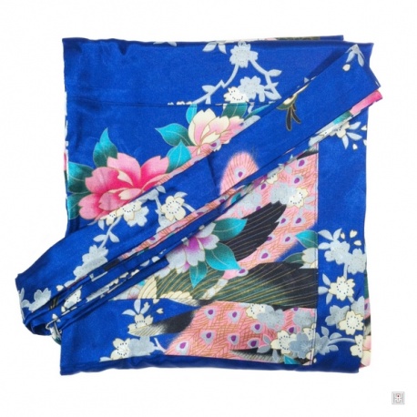 Kimono court satiné 2 poches imprimé FLEURS & PAON bleu roi (90cm)