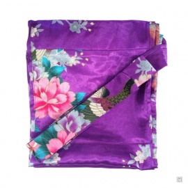 Kimono court satiné 2 poches imprimé FLEURS & PAON violet (90cm)