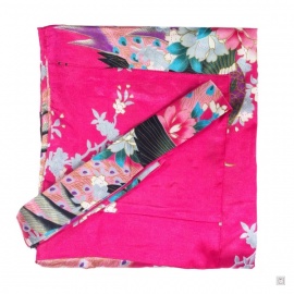 Kimono court satiné imprimé FLEURS & PAON fushia (90cm)