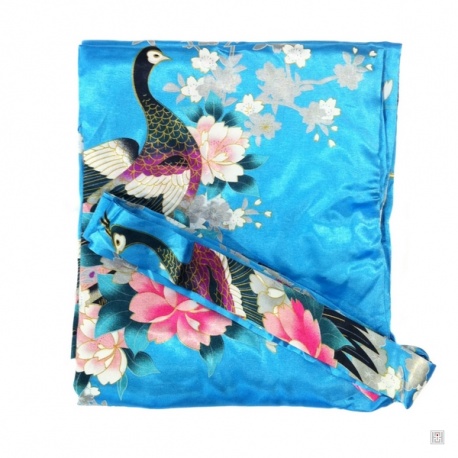 Kimono court satiné 2 poches imprimé FLEURS & PAON bleu turquoise (90cm)