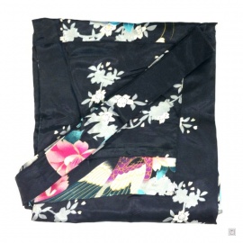 Kimono court satiné 2 poches imprimé FLEURS & PAON noir (90cm)