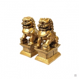 Chiens de Foo (石獅 : Protection) sur socle en résine doré (h17cm)